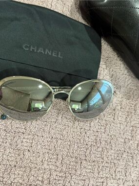 CHANEL Silver Round Mirrored Sunglasses